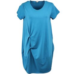   Csomós elejű, hosszú bő egyenes fazonú, molett pamut olasz ruha, környakú, rövidujjú- kék