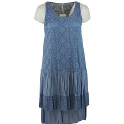   Csipke betétes hátú, környakú, ujjatlan dupla selyem-csipke-pamut alkalmi olasz ruha - farmerkék