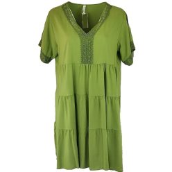  Rövidebb fazonú rövidujjú pamut-selyem alkalmi olasz ruha csipkés V- nyakkal - zöld