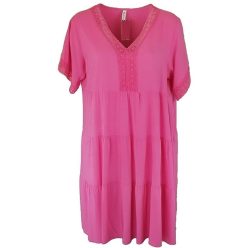   Rövidebb fazonú rövidujjú pamut-selyem alkalmi olasz  ruha csipkés V- nyakkal - pink