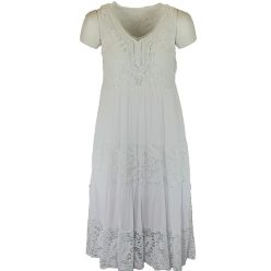   Flitteres csipkés V-nyakú, ujjatlan dupla csipke-selyem-pamut alkalmi olasz ruha- fehér