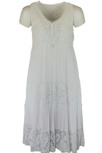 Flitteres csipkés V-nyakú, ujjatlan dupla csipke-selyem-pamut alkalmi olasz ruha- fehér