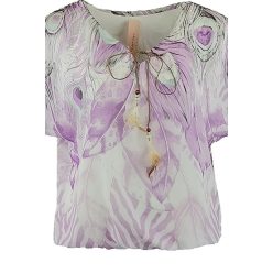   Gumis aljú, batikolt toll mintás, muszlin fiatalos olasz alkalmi felső , rövid ujjú, kötős környakú-lila, krém