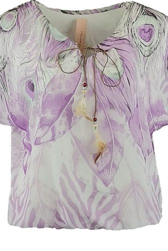 Gumis aljú, batikolt toll mintás, muszlin fiatalos olasz alkalmi felső , rövid ujjú, kötős környakú-lila, krém