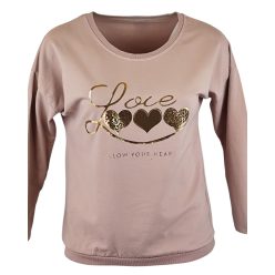   Love arany szíves feliratos fiatalos passzé aljú és ujjú pamut pulóver- púder szín