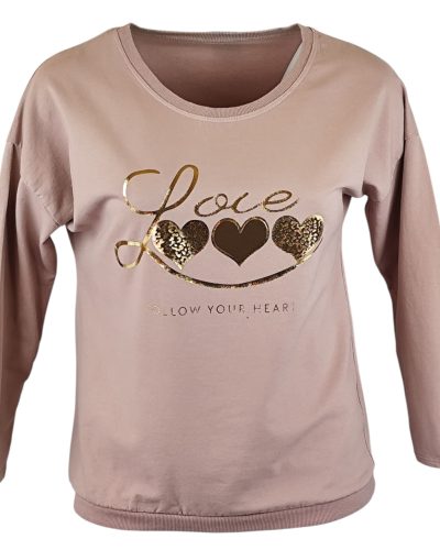 Love arany szíves feliratos fiatalos passzé aljú és ujjú pamut pulóver- púder szín
