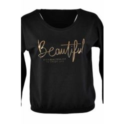   Beautiful arany feliratos elejű, hátul sima vastagabb pamut anyagból készült, környakú, hosszú ujjú, fiatalos olasz felsőrész- fekete, arany