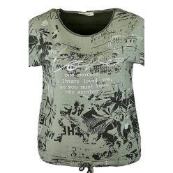   Love ezüst felirattal díszített mintás elejű,  hátul sima egyszínű pamut anyagból készült, rövid ujjú, környakú, fiatalos olasz felsőrész, alul meghúzható zsinórral- keki zöld, ezüst