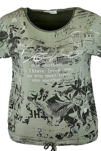 Love ezüst felirattal díszített mintás elejű,  hátul sima egyszínű pamut anyagból készült, rövid ujjú, környakú, fiatalos olasz felsőrész, alul meghúzható zsinórral- keki zöld, ezüst