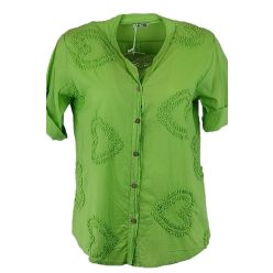   Elől flokkolt szív mintás , rövid ujjú, környakú, rövidebb egyenes fazonú fiatalos olasz vékony pamut ingblúz- zöld