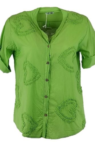 Elől flokkolt szív mintás , rövid ujjú, környakú, rövidebb egyenes fazonú fiatalos olasz vékony pamut ingblúz- zöld