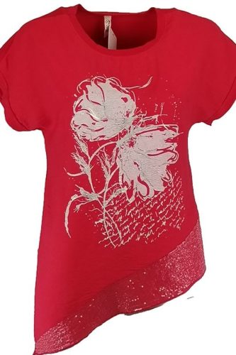 Aszimmetrikus flitteres aljú, oldalra megköthető, rövid ujjú, környakú, olasz felsőrész fehér virágokkal az elején- piros, fehér