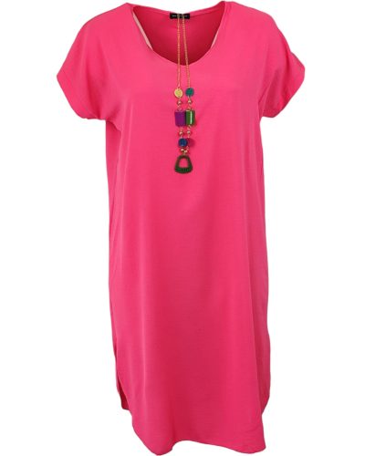 Nyakláncos, hosszú egyenes fazonú, egyszínű, molett olasz ruha, környakú, rövidujjú- pink