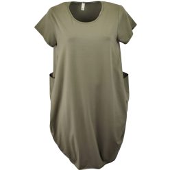   Nagy zsebes, egyszínű, hosszú buborék fazonú, molett pamut ruha, környakú, rövidujjú- keki zöld