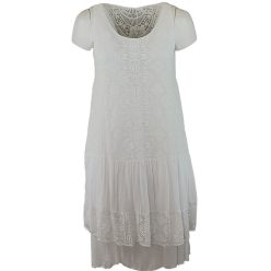   Csipke betétes hátú, környakú, ujjatlan dupla selyem-csipke-pamut alkalmi olasz ruha- fehér