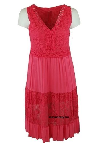 Flitteres csipkés V-nyakú, ujjatlan dupla csipke-selyem-pamut alkalmi olasz ruha- korall szín