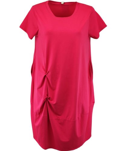 Csomós elejű, hosszú bő egyenes fazonú, molett pamut olasz ruha, környakú, rövidujjú- pink
