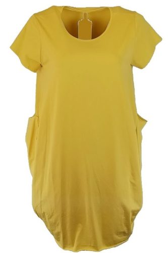 Buborék fazonú, nagy zsebes, rövidujjú, környakú, egyszínű, fiatalos olasz pamut molett ruha- sárga