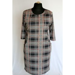   Nagy kockás, 3/4-es ujjú, környakú, zsebes, egyenes fazonú lengyel pamut ruha- sötét szürke, szürke, púder, fehér