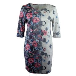   Virágos, 3/4-es ujjú, környakú, egyenes fazonú lengyel vastagabb pamut anyagú ruha- szürke, farmer kék, rózsaszín