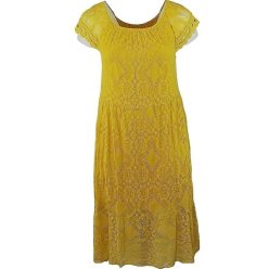   Tiszta csipke hosszú ruha, lefelé bővülő fazonú, gumírozott vállra húzható, környakú alkalmi olasz csipke ruha, pamut béléssel- sárga