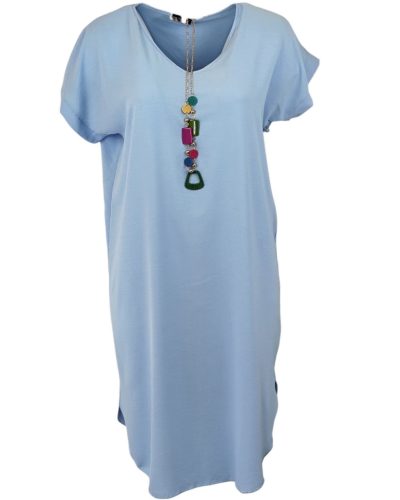 Nyakláncos, hosszú egyenes fazonú, egyszínű, molett olasz ruha, környakú, rövidujjú- világoskék