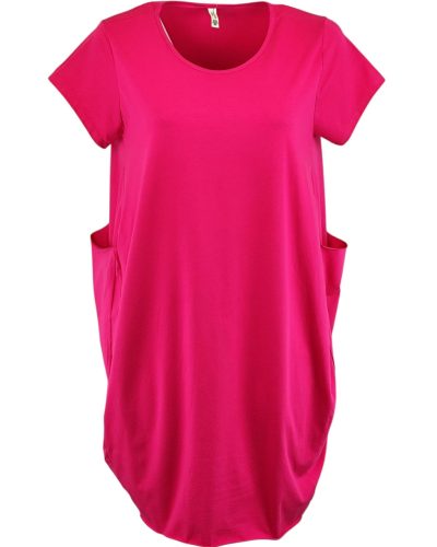 Nagy zsebes, egyszínű, hosszú buborék fazonú, molett pamut ruha, környakú, rövidujjú- pink