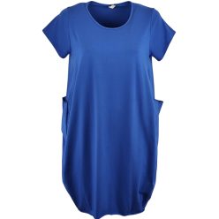   Nagy zsebes, egyszínű, hosszú buborék fazonú, molett pamut ruha, környakú, rövidujjú- királykék