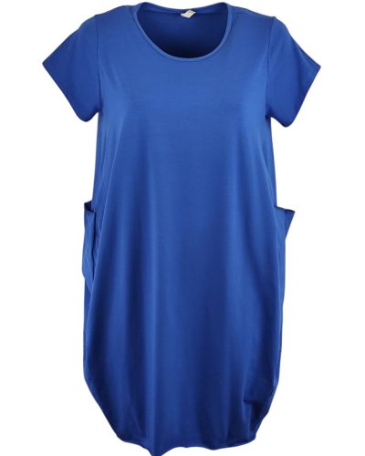 Nagy zsebes, egyszínű, hosszú buborék fazonú, molett pamut ruha, környakú, rövidujjú- királykék