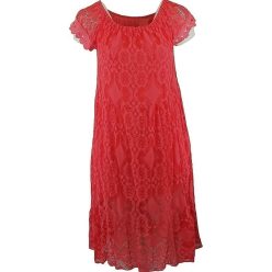   Tiszta csipke hosszú ruha, lefelé bővülő fazonú, gumírozott vállra húzható, környakú alkalmi olasz csipke ruha, pamut béléssel- korall szín