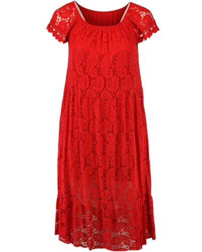 Tiszta csipke hosszú ruha, lefelé bővülő fazonú, gumírozott vállra húzható, környakú alkalmi olasz csipke ruha, pamut béléssel- piros
