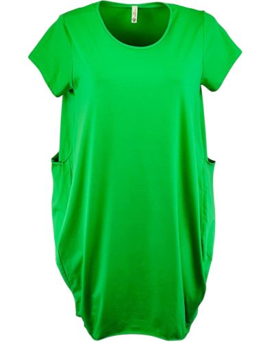 Nagy zsebes, egyszínű, hosszú buborék fazonú, molett pamut ruha, környakú, rövidujjú- kivi zöld