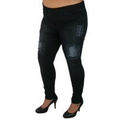   Szaggatott elejű, koptatott fekete, gumis derekú, szűk szárú, jeggings farmernadrág- koptatott fekete