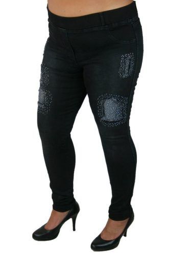 Szaggatott elejű, koptatott fekete, gumis derekú, szűk szárú, jeggings farmernadrág- koptatott fekete