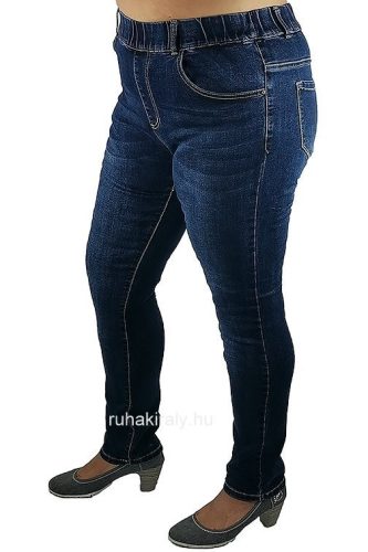 Sötét koptatott farmer kék, sima, gumis derekú, szűk szárú, jeggings jellegű farmernadrág- sötét farmerkék