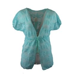   Átlátszó  rövidujjú, környakú, hálós strandruha, övvel- türkíz zöld