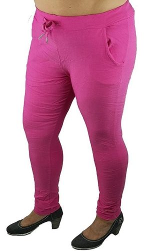 Egyszínű, sima, lefelé szűkülő szárú, magas gumis derekú, zsebes, fiatalos olasz nyári hosszú sztreccs nadrág- pink