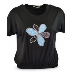   Farmeros, csillogós virágfejjel díszített elejű, környakú, rövid ujjú, viszkóz anyagból készült, gumírozott aljú, fiatalos felsőrész- fekete