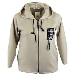   Egyenes fazonú, kapucnis, rövidebb állású, puntó kardigán fekete bőr táblával az elején- drapp