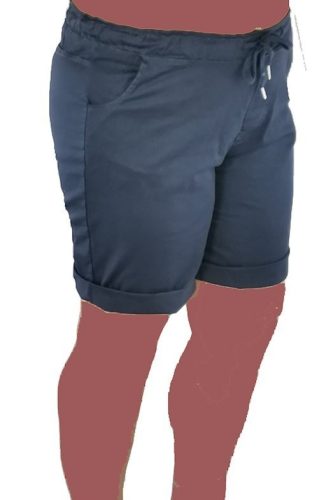 Rövid bermuda nadrág, egyszínű, lefelé térdig érő szárú, magas gumis derekú, zsebes, fiatalos olasz nyári rövid sztreccs nadrág- sötétkék