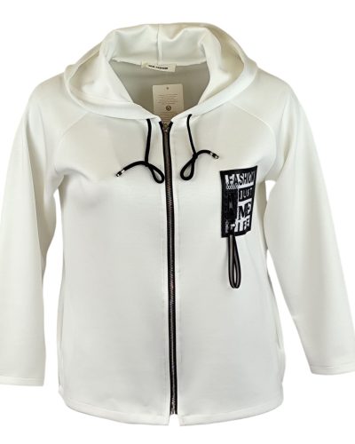 Egyenes fazonú, kapucnis, rövidebb állású, puntó kardigán fekete bőr táblával az elején- fehér