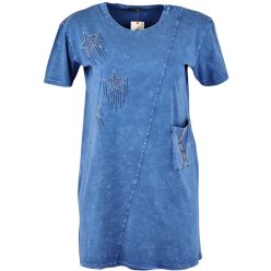   Farmer hatású pamut anyagból készült, rövidujjú, környakú, hosszított fazonú, zsebes, pamut török tunika, csillag mintával az elején- világos farmerkék