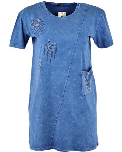 Farmer hatású pamut anyagból készült, rövidujjú, környakú, hosszított fazonú, zsebes, pamut török tunika, csillag mintával az elején- világos farmerkék