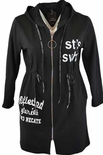 Húzott derekú, hosszú  egyenes fazonú, kapucnis, zsebes, cipzáras olasz pamut kardigán, fehér felirattal- fekete