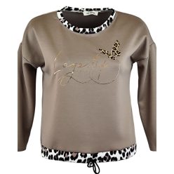   Ocelot állat mintás, feliratos elejű, vastagabb puntó anyagú, környakú, hosszú ujjú, fiatalos olasz felsőrész- mogyoró barna