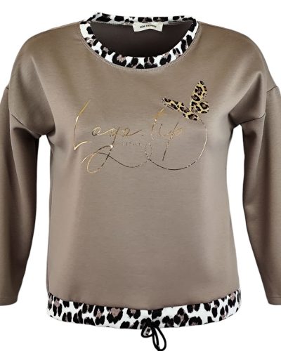 Ocelot állat mintás, feliratos elejű, vastagabb puntó anyagú, környakú, hosszú ujjú, fiatalos olasz felsőrész- mogyoró barna