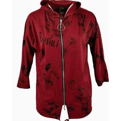   Tele feliratos,  egyenes fazonú, kapucnis, zsebes, cipzáros, olasz pamut kardigán- bordó