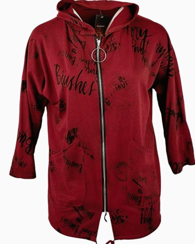 Tele feliratos,  egyenes fazonú, kapucnis, zsebes, cipzáros, olasz pamut kardigán- bordó