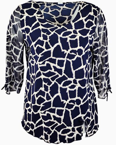 Maggi 3/4-es muszlin ujjú, környakú, sötétkék alapon márvány mintás viszkóz anyagból készült molett lengyel tunika- sötétkék, drapp