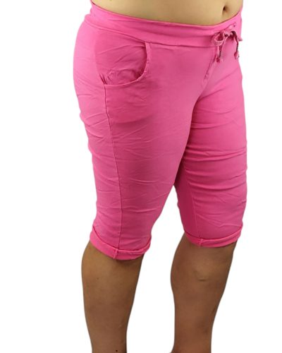 Egyszínű, térdig érő szárú, magas gumis derekú, zsebes, fiatalos olasz bermuda nyári rövid sztreccs nadrág- pink